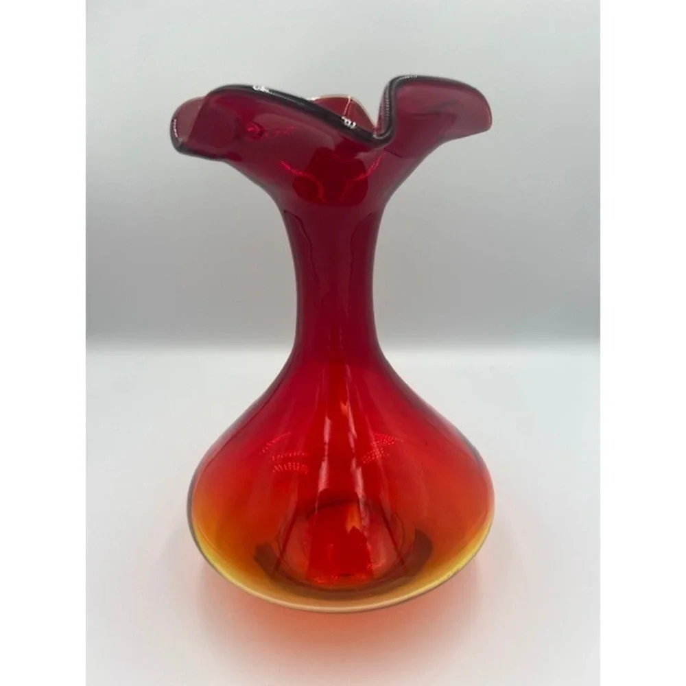 Vintage Amberina MCM Art Glass Ruffled Rim Vase Red Orange Blown Glass 10.5 In